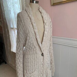 Pilcro Anthropologie Women Medium Cardigan Chunky Cable Knit Longline Ivory EUC
